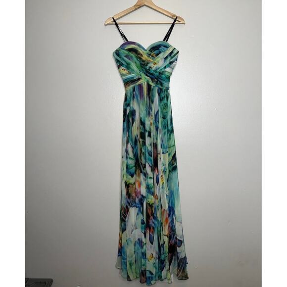 La Femme Strapless Watercolor Formal Gown Dress Green Blue Multicolor Size 0 - Picture 2 of 8
